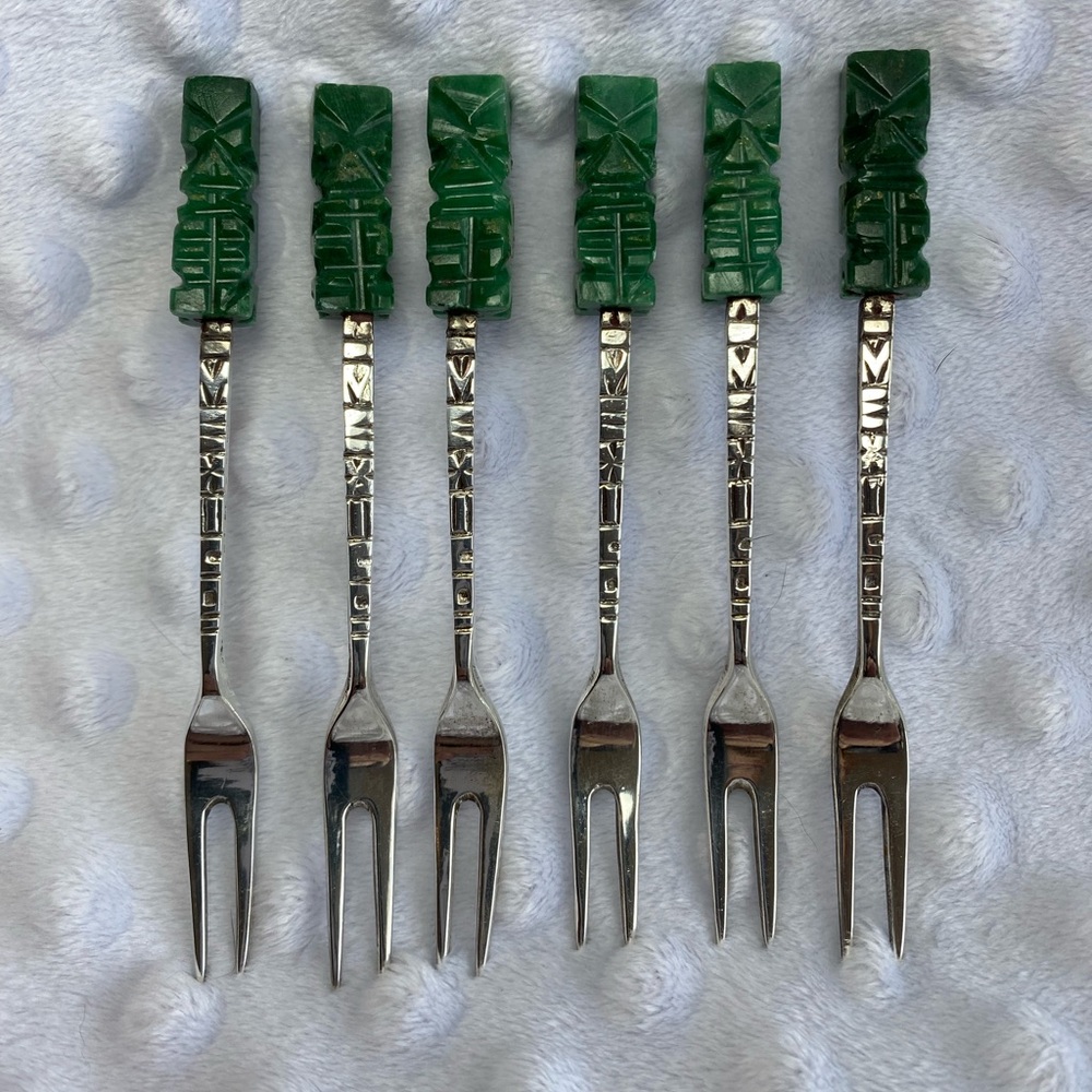 Vintage Hand Carved Jade and Sterling Silver Relish/Cocktail Forks